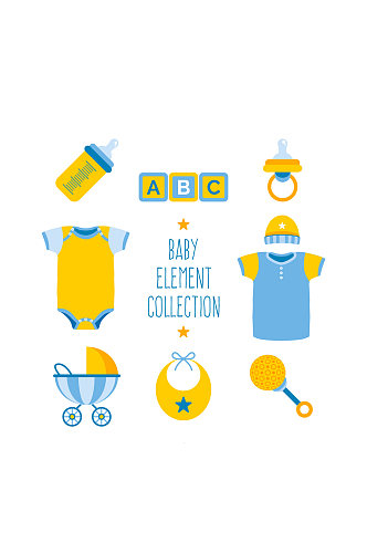 8款蓝色和黄色婴儿物品矢量图