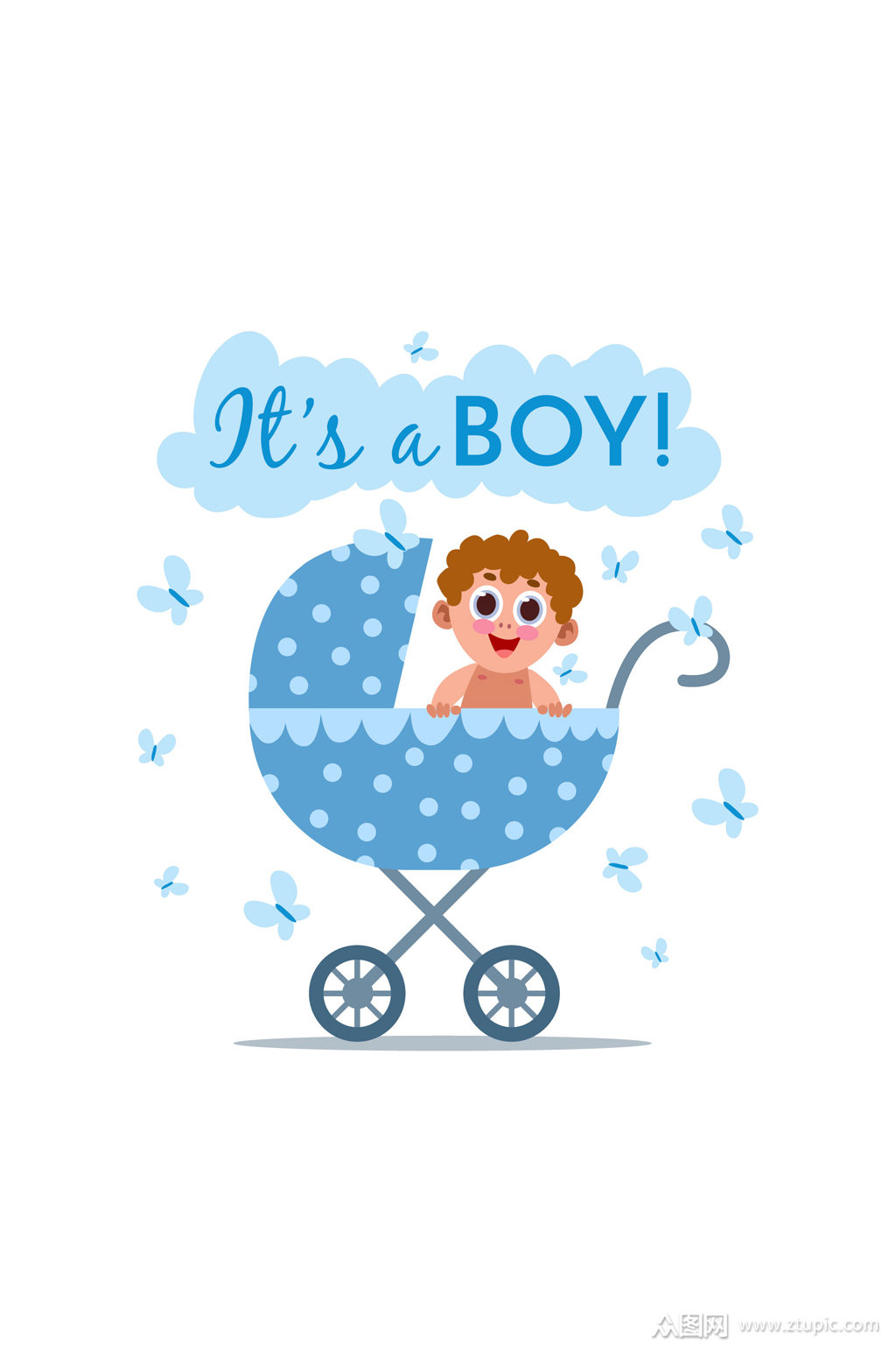 可爱婴儿车里的男婴矢量素材
