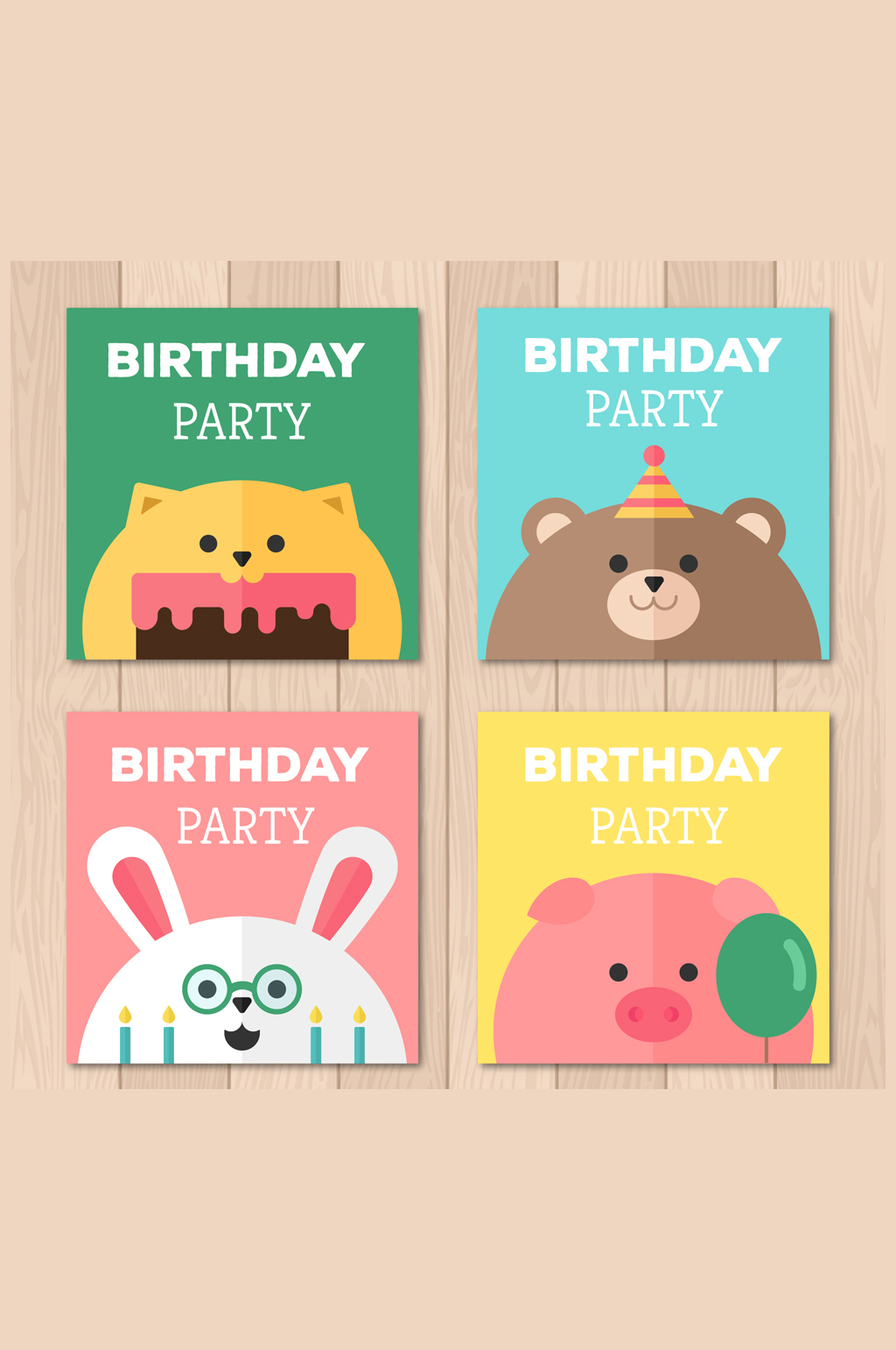 4款可爱动物生日派对卡片矢量图