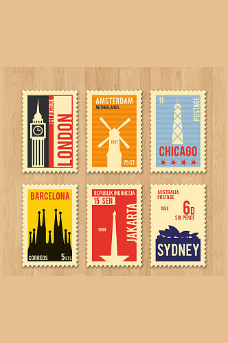 6款复古旅游城市邮票矢量素材