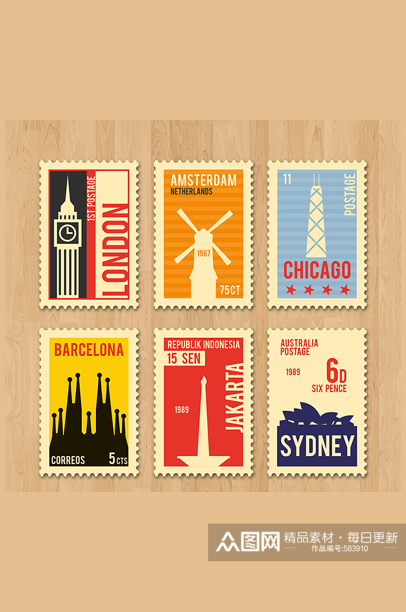 6款复古旅游城市邮票矢量素材素材
