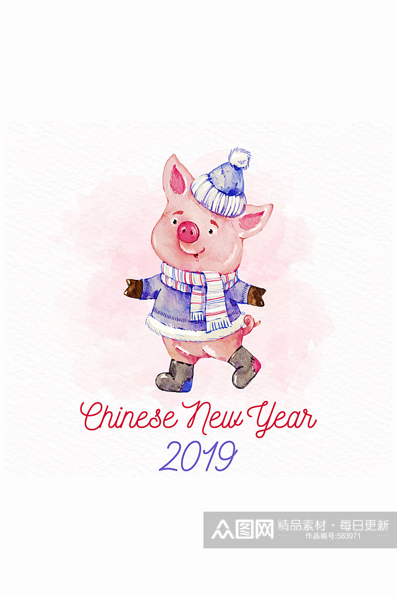 彩绘新年冬装小猪矢量素材素材