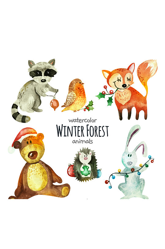 6款彩绘冬季森林动物矢量图