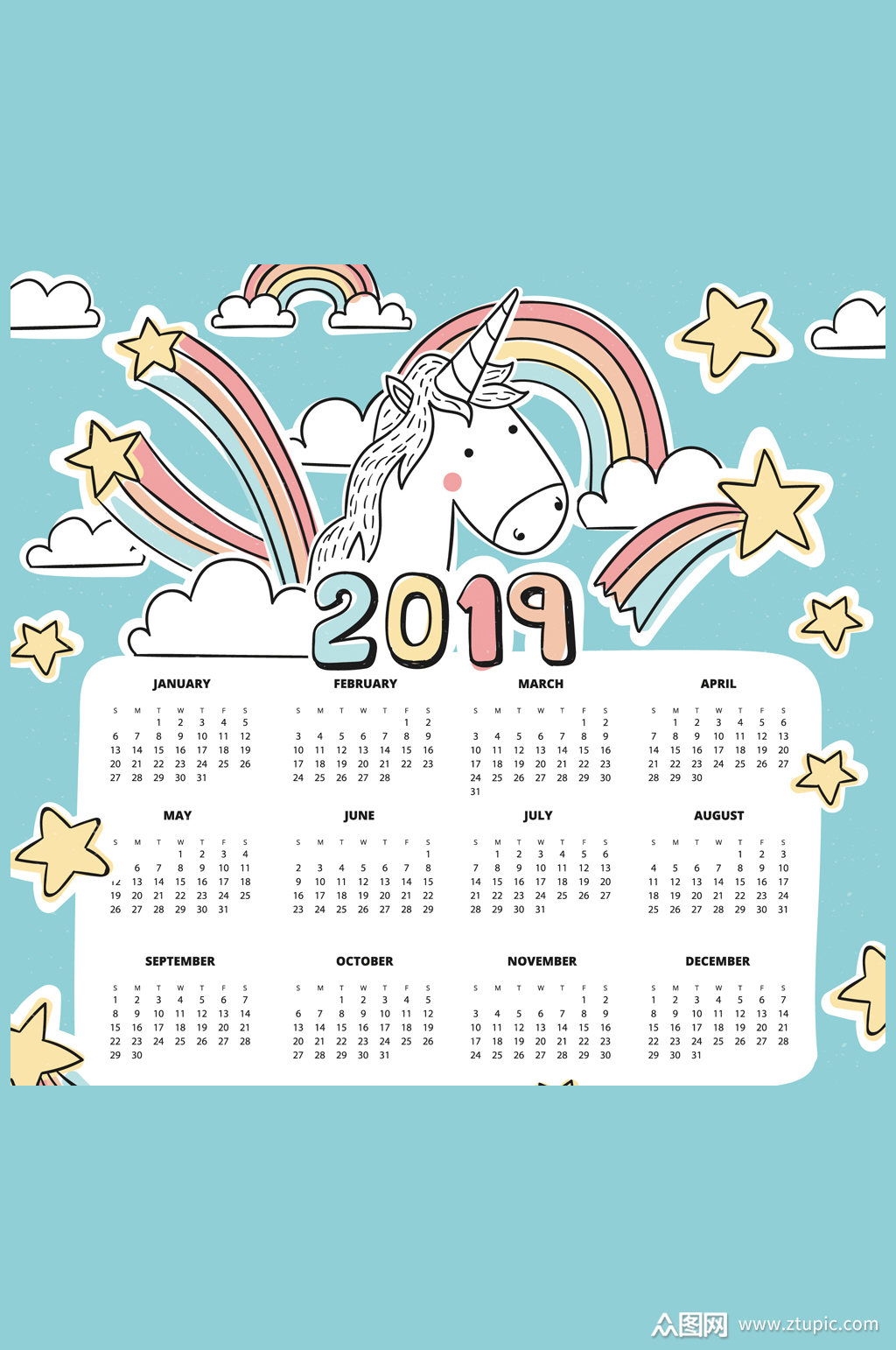 2019年彩色独角兽年历矢量素材