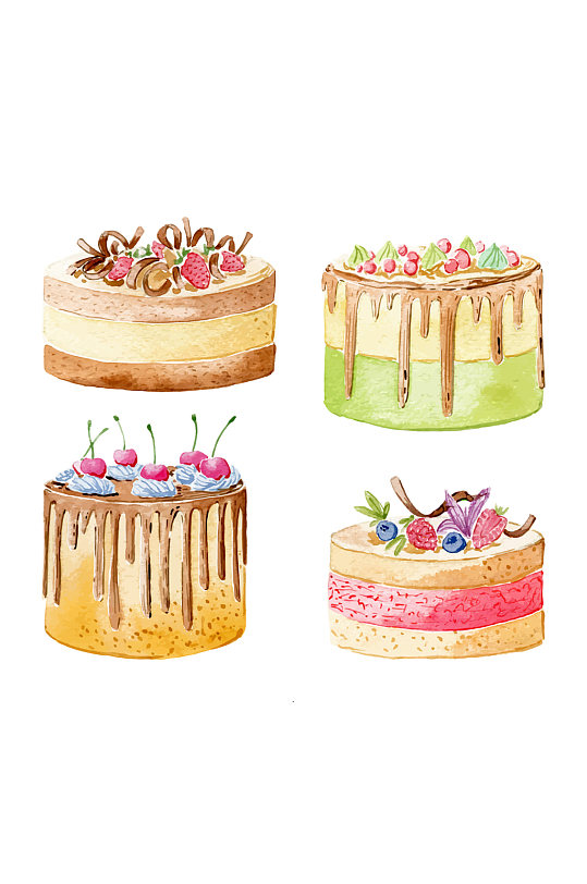 4款水彩绘水果蛋糕矢量素材