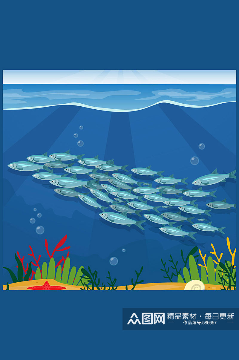 美丽海底银色鱼群矢量素材素材