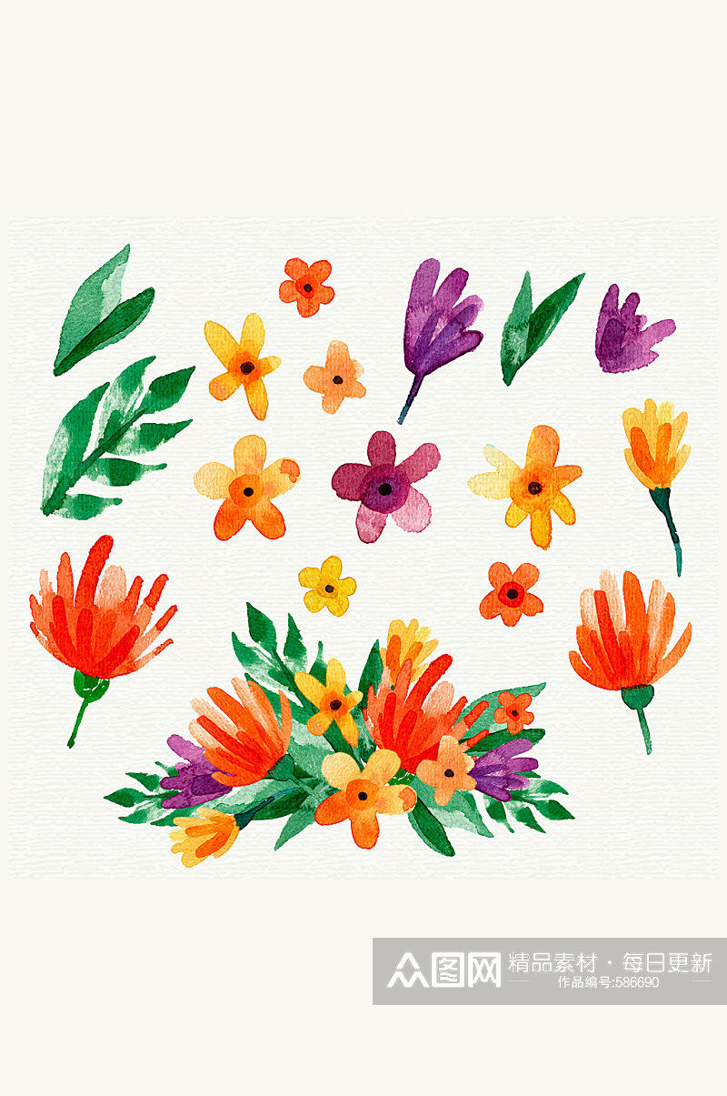 17款彩绘可爱花卉和叶子矢量图素材