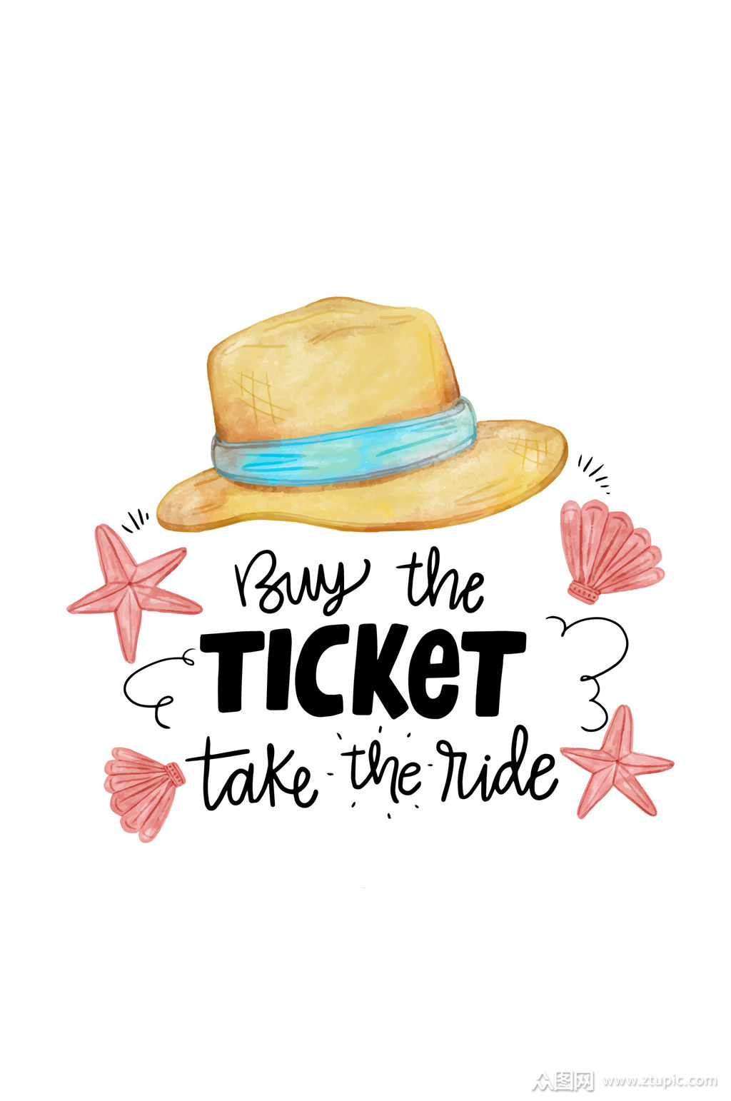 彩绘旅行草帽和海星矢量素材