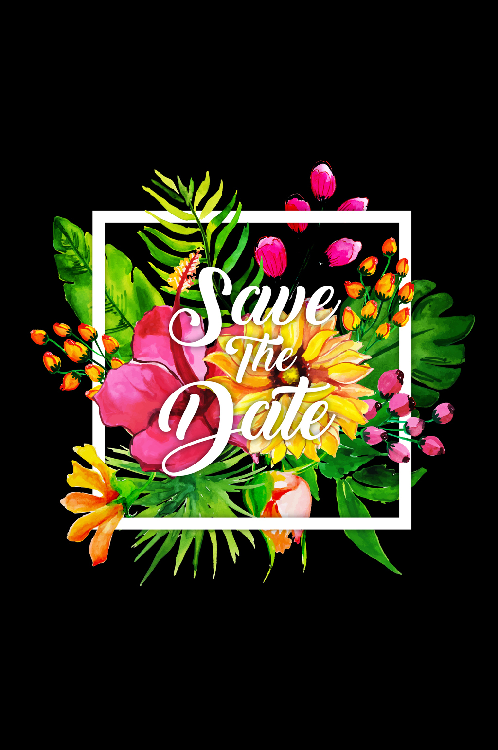 水彩绘热带花草婚礼招贴画矢量图素材