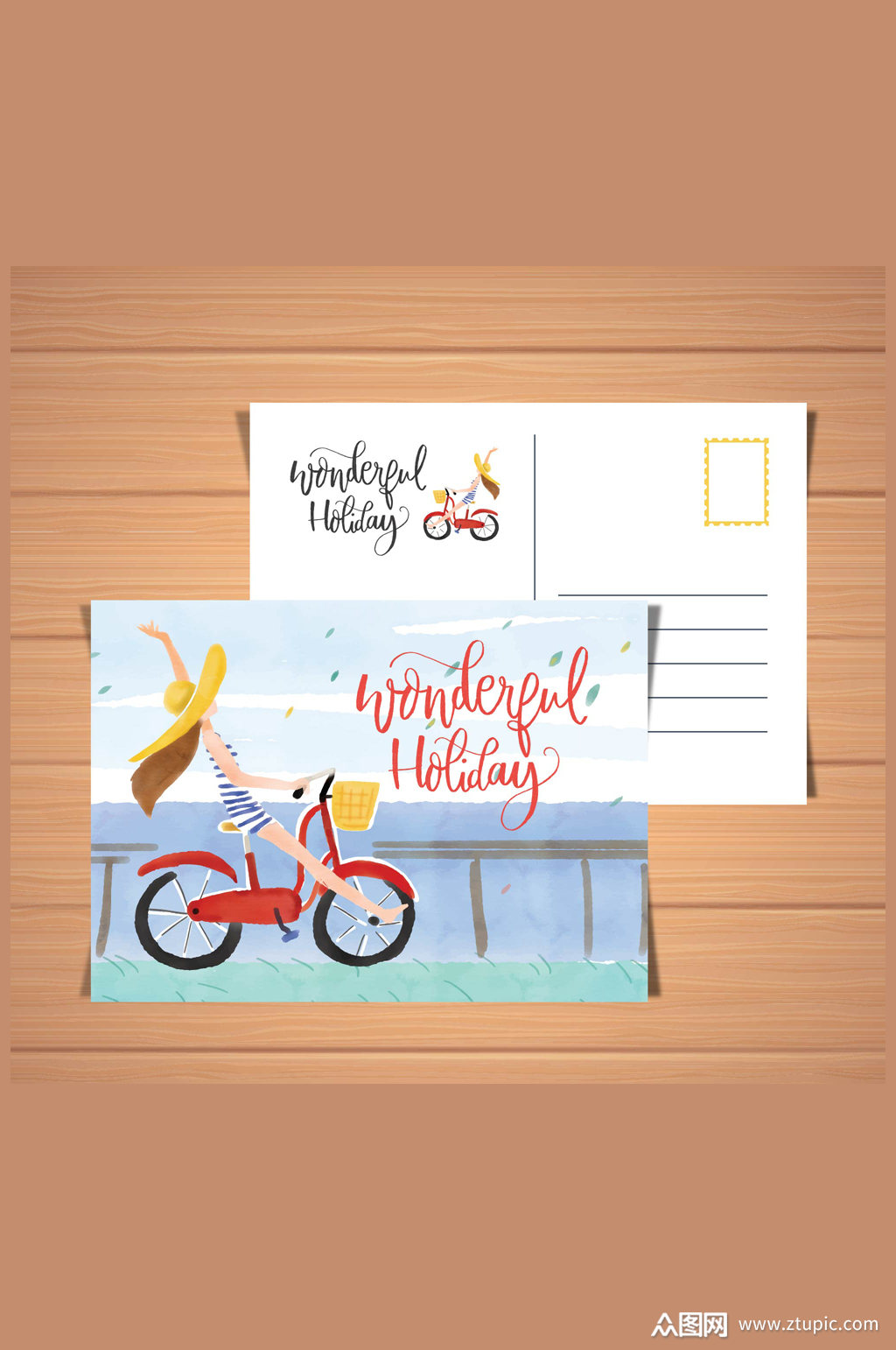 彩绘海边骑单车女子明信片格式矢量图模板下载-编号586930-众图网