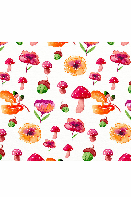 水彩绘秋季蘑菇和花卉无缝背景矢量图