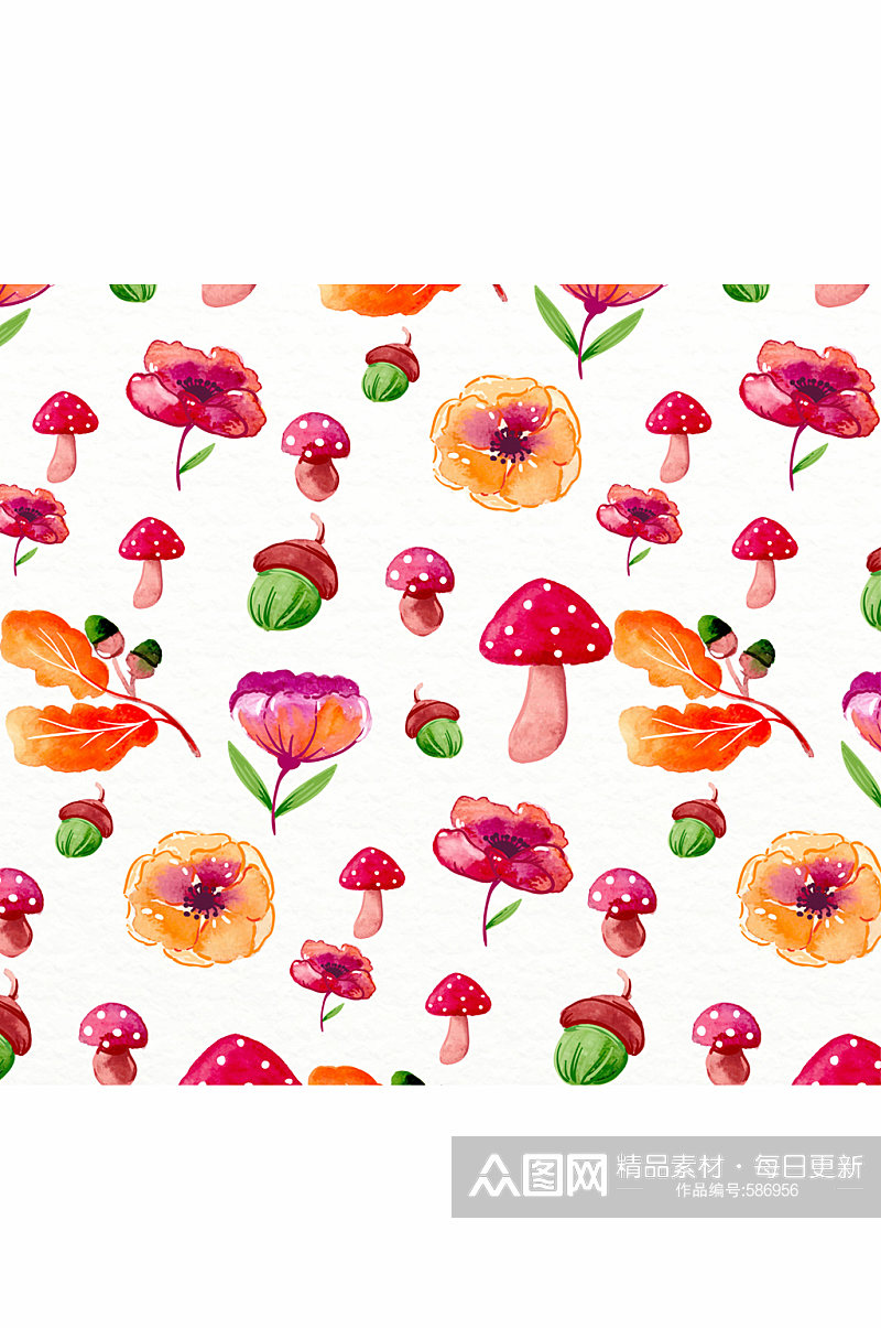 水彩绘秋季蘑菇和花卉无缝背景矢量图素材