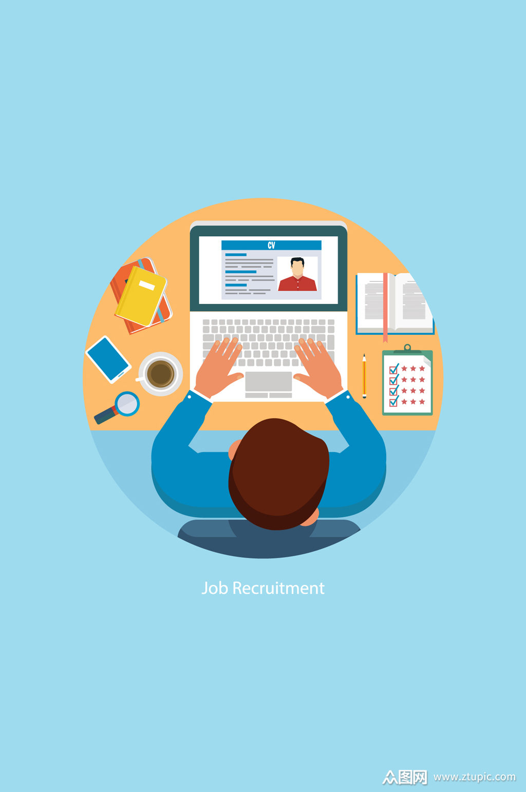 筛选简历的男子俯视图矢量素材