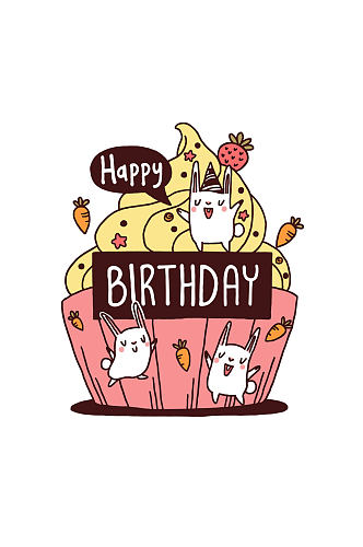 可爱纸杯蛋糕和兔子生日贺卡矢量图