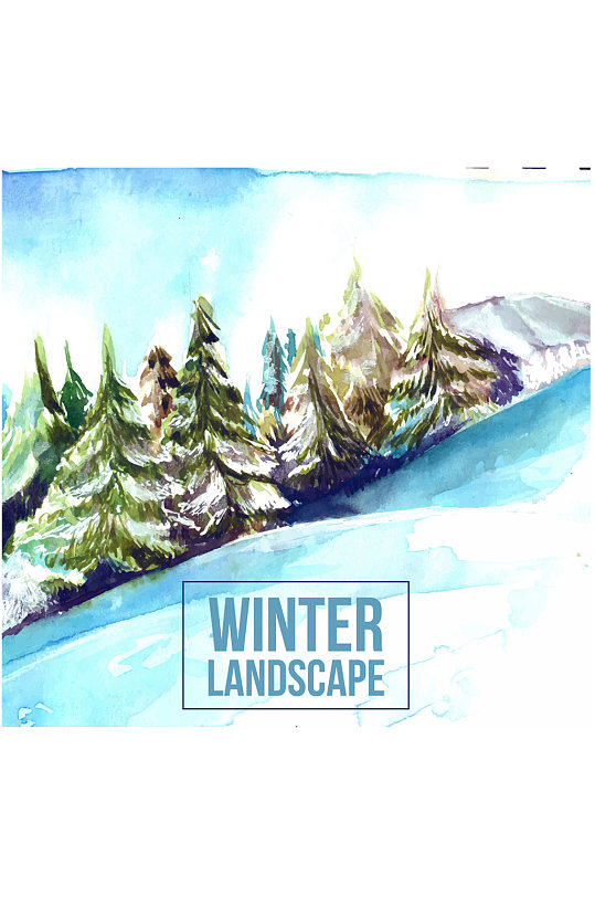 水彩绘冬季雪山松林风景矢量素材