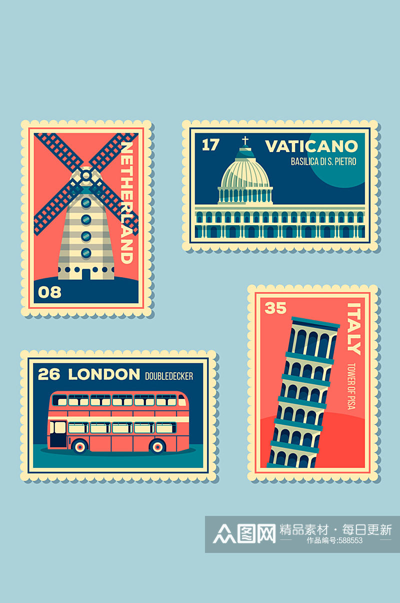 4款创意环球旅游邮票矢量图素材