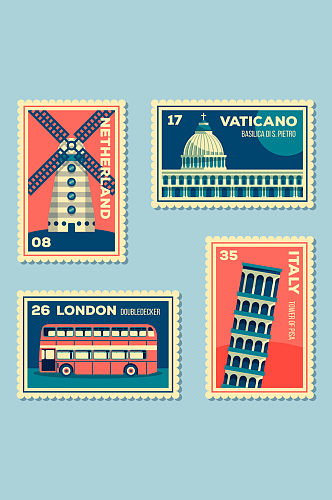 4款创意环球旅游邮票矢量图
