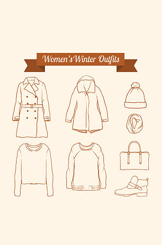 8款手绘冬季女性服饰矢量图