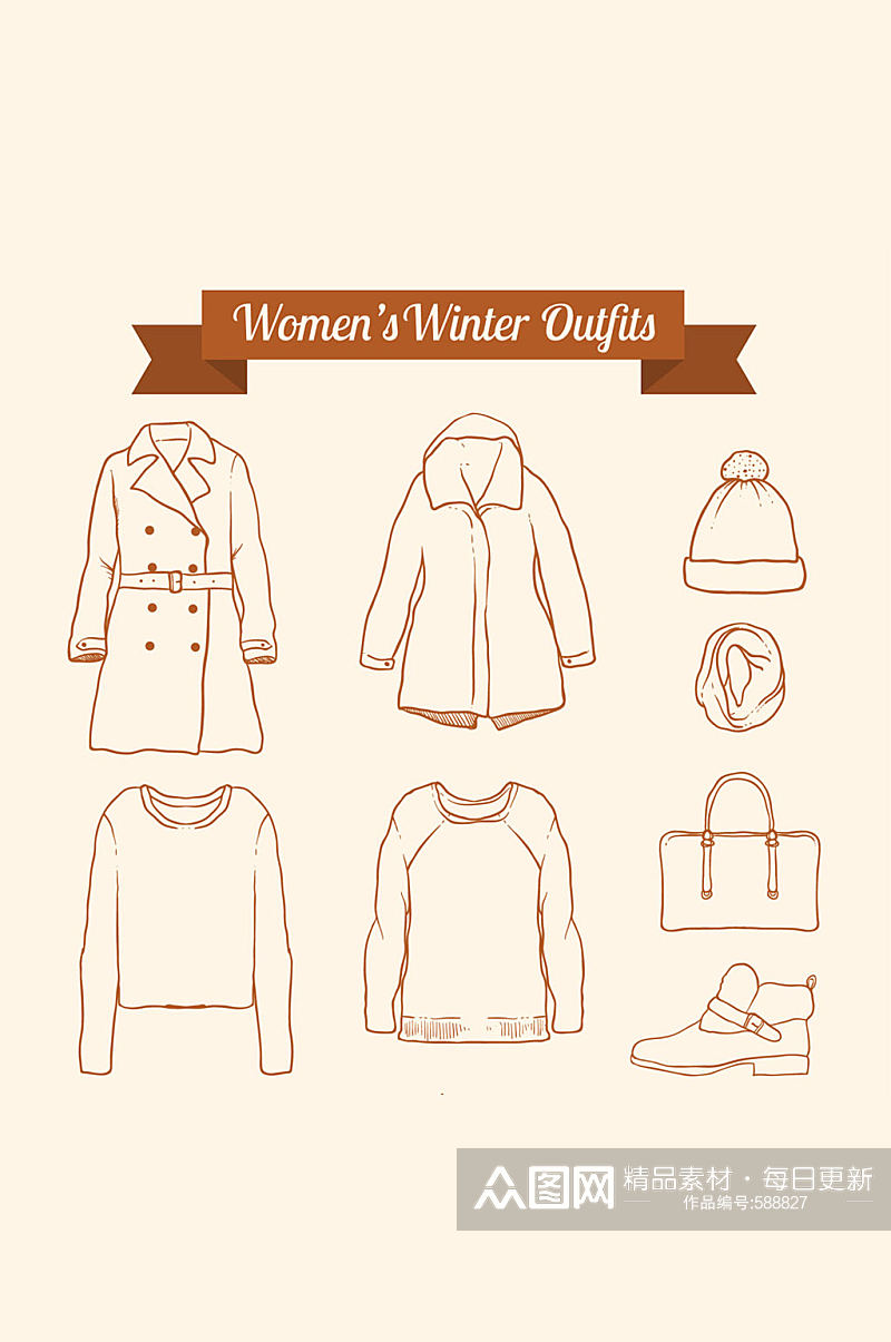 8款手绘冬季女性服饰矢量图素材