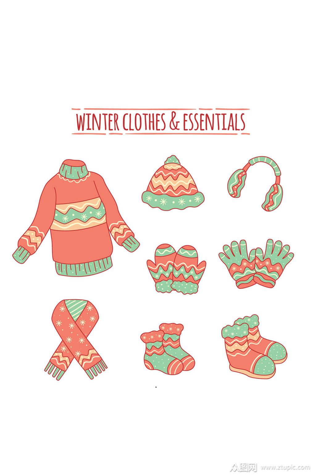 8款冬季花纹服饰与配饰矢量图