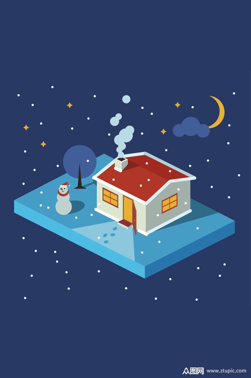 立体冬季夜晚房屋矢量素材