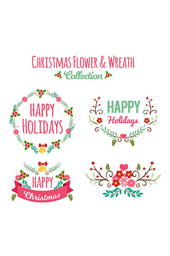 4款彩色圣诞节花环和花束矢量图