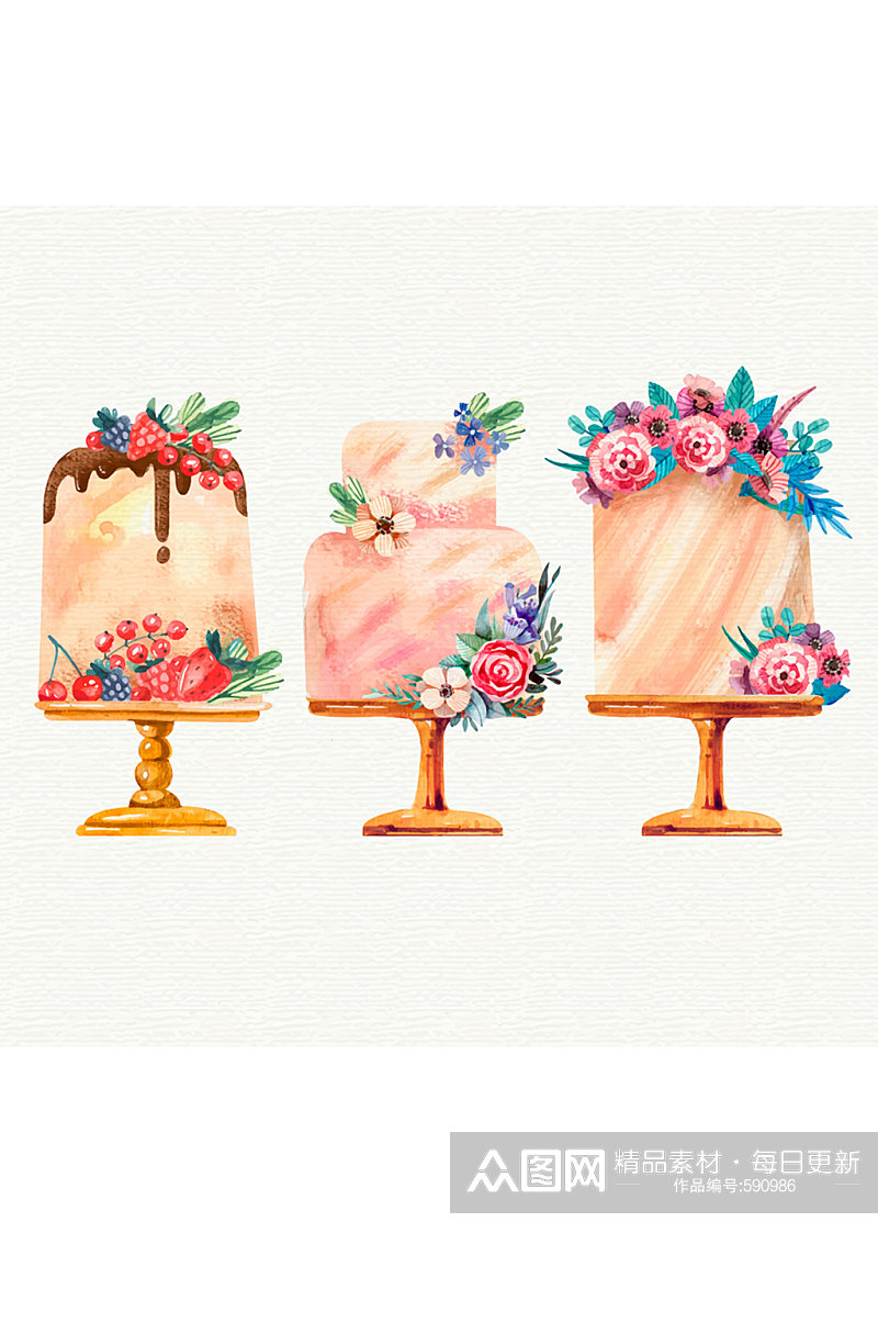 3款美味花卉装饰蛋糕矢量图素材