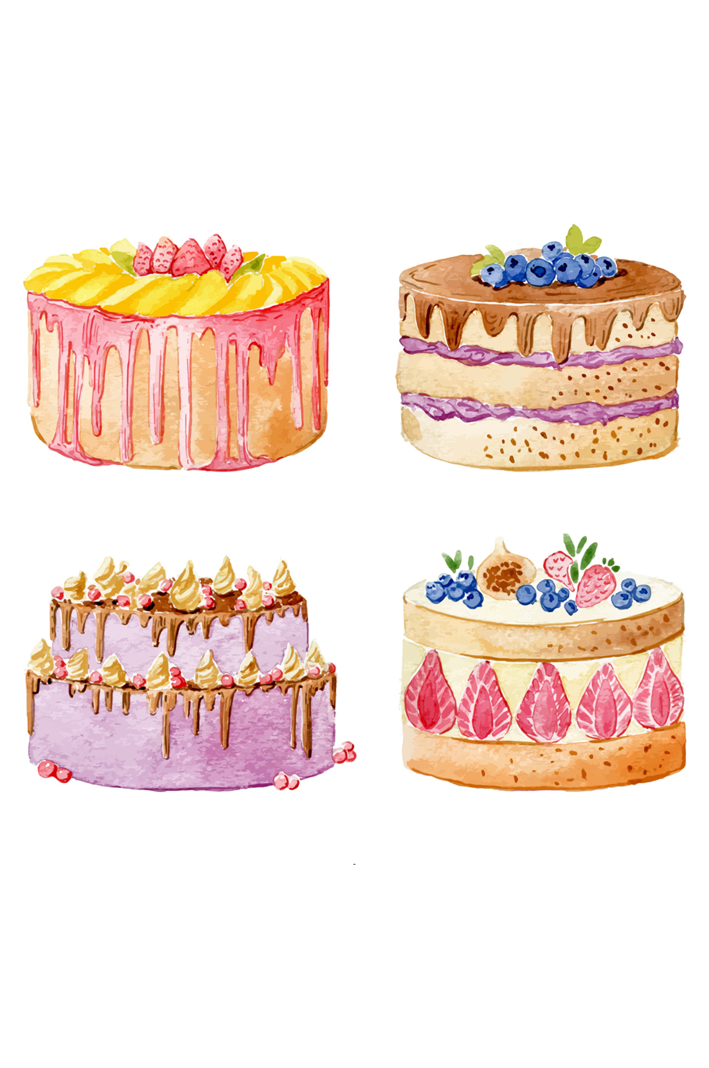 4款水彩绘蛋糕设计矢量素材