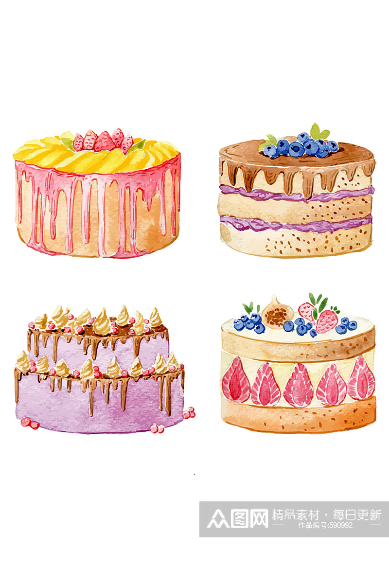 4款水彩绘蛋糕设计矢量素材素材