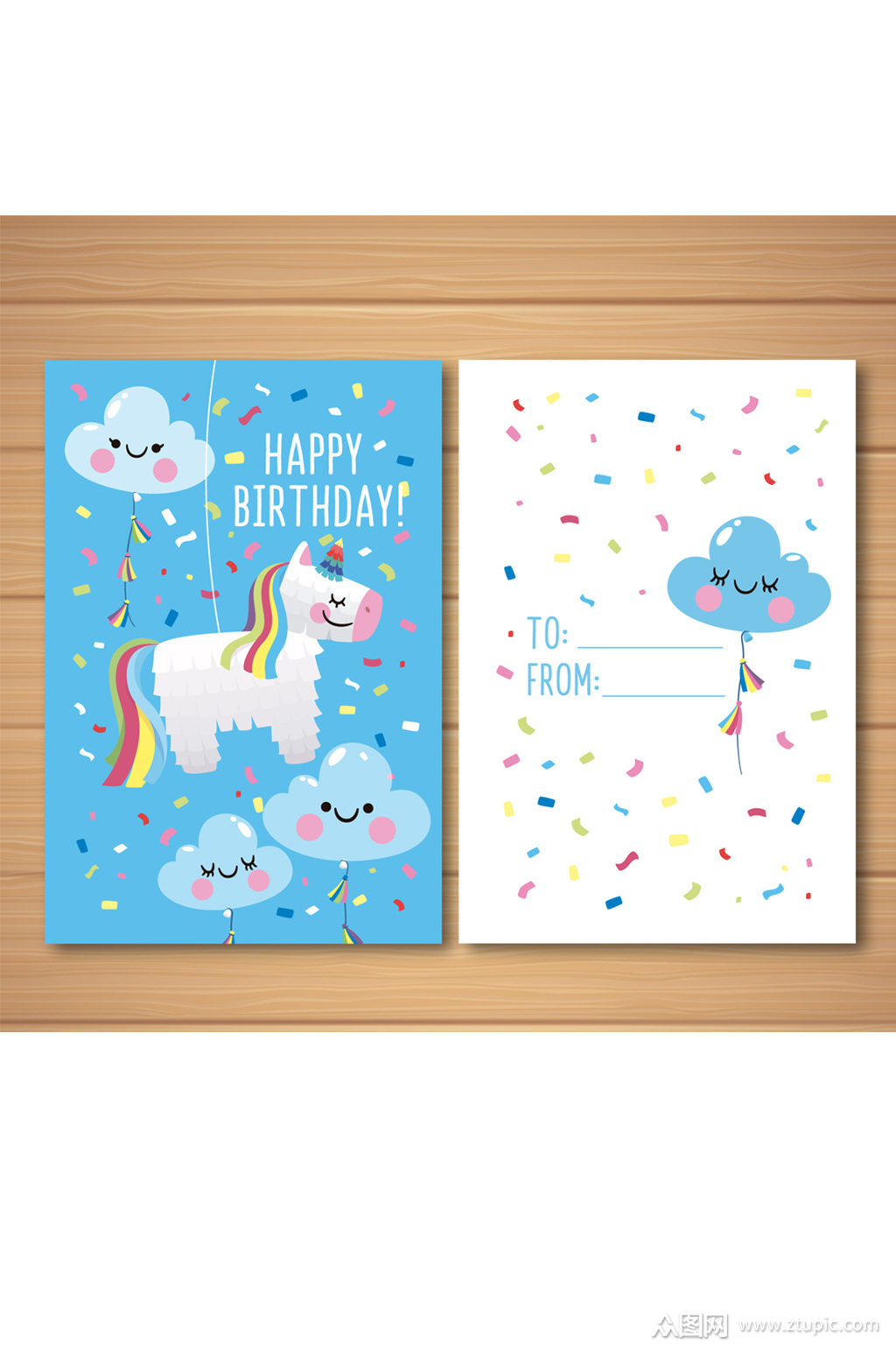 可爱独角兽和云朵生日贺卡正反面矢量图模板下载-编号592601-众图网