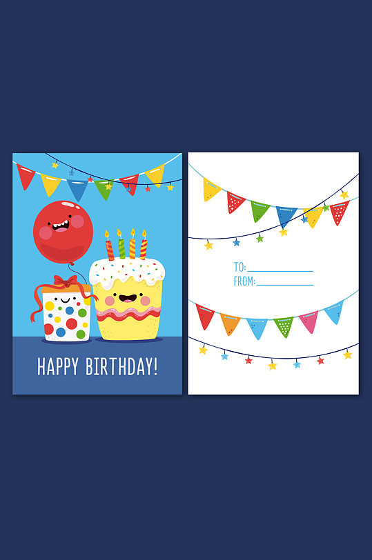 彩色蛋糕生日贺卡正反面矢量图
