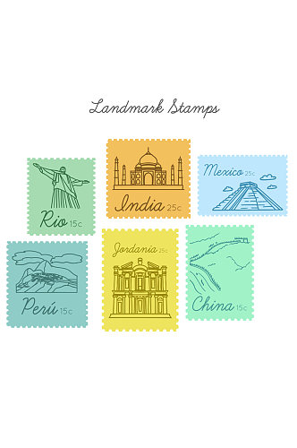 6款手绘旅游地标邮票矢量素材