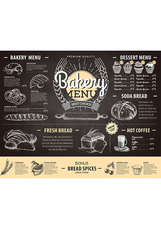 创意面包店菜单黑板画矢量图