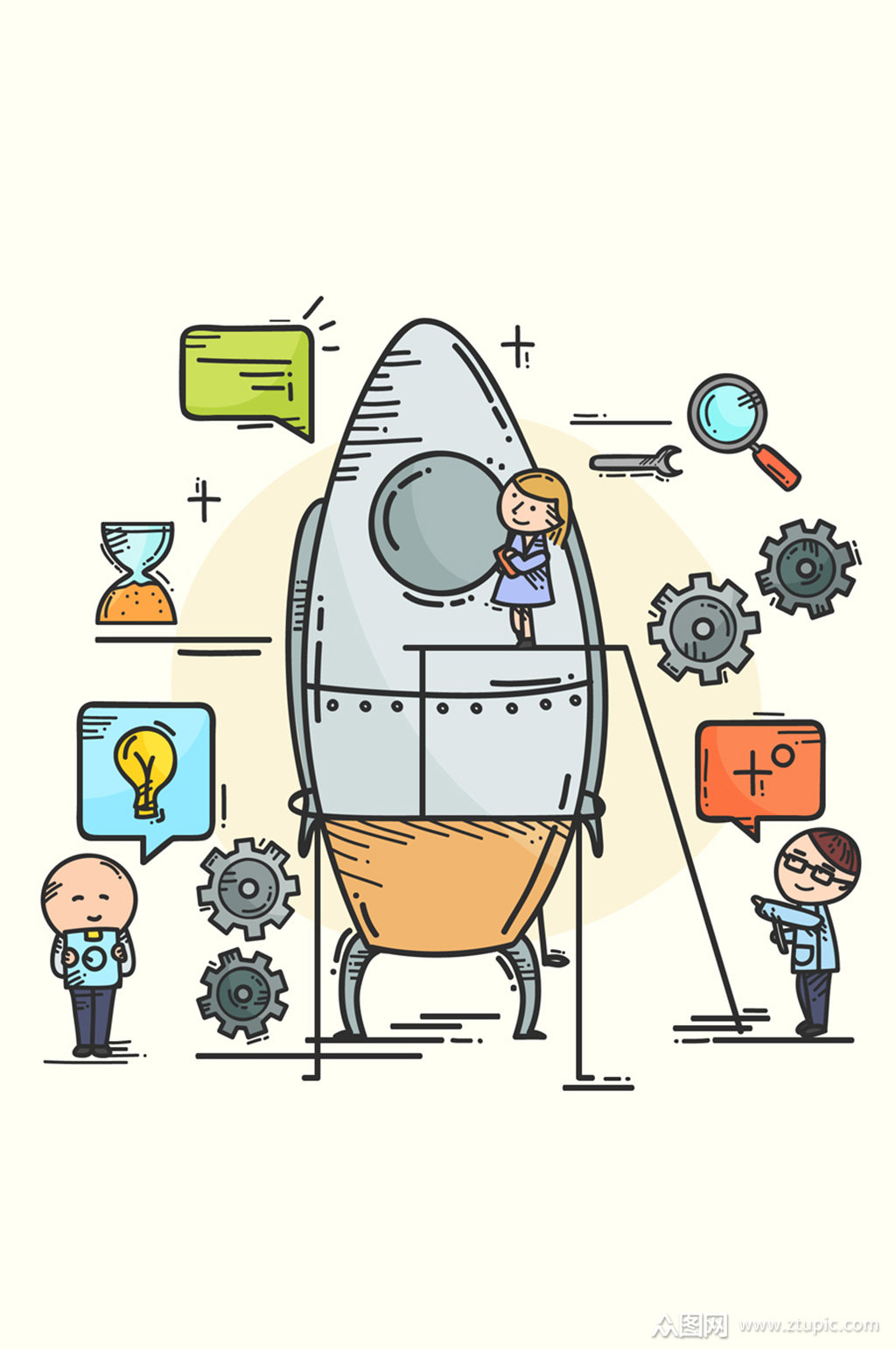 彩绘建造火箭的团队矢量素材