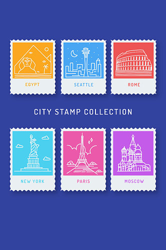 6款白色旅游城市邮票矢量图