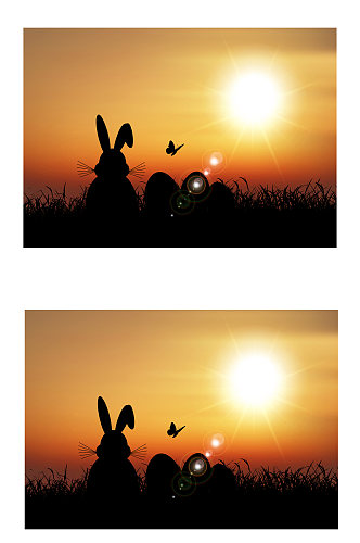 夕阳下的兔子和彩蛋剪影矢量图