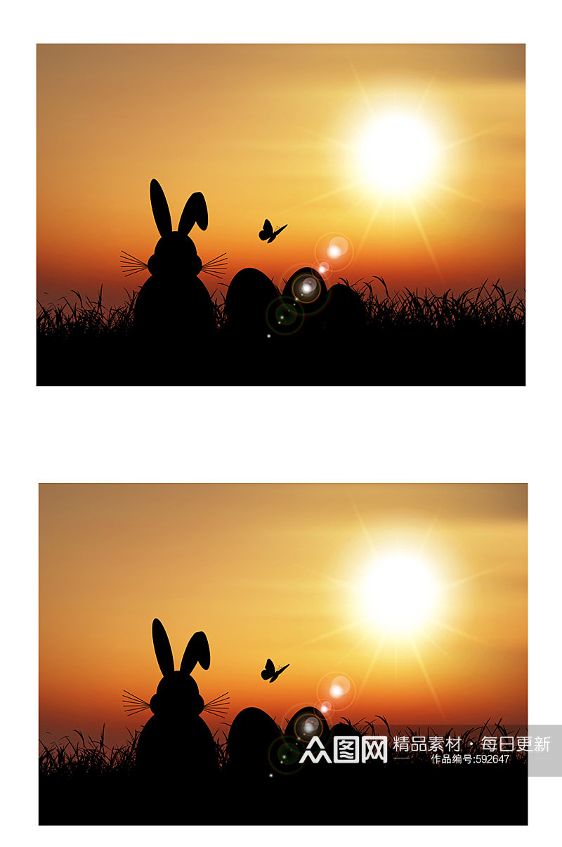 夕阳下的兔子和彩蛋剪影矢量图素材