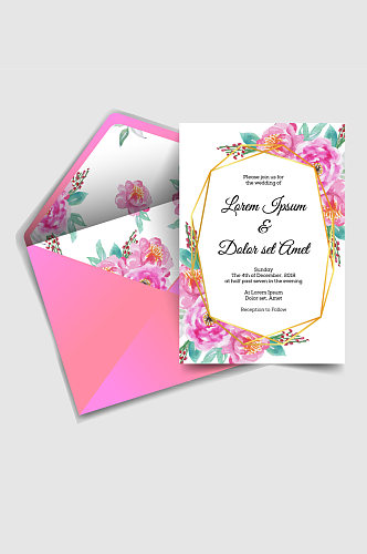 粉色花卉婚礼邀请卡和信封矢量图