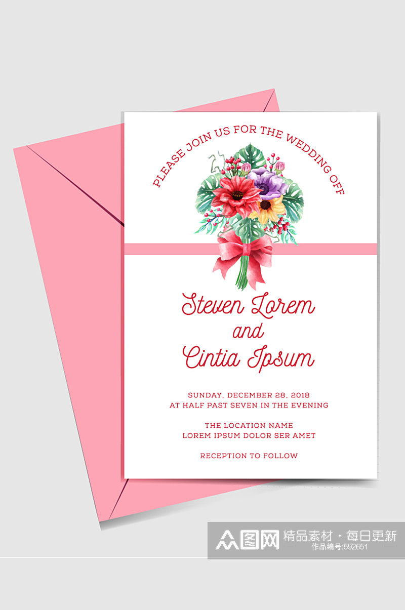 彩绘花束婚礼邀请卡和粉色信封矢量图素材