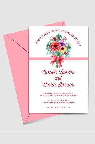 彩绘花束婚礼邀请卡和粉色信封矢量图