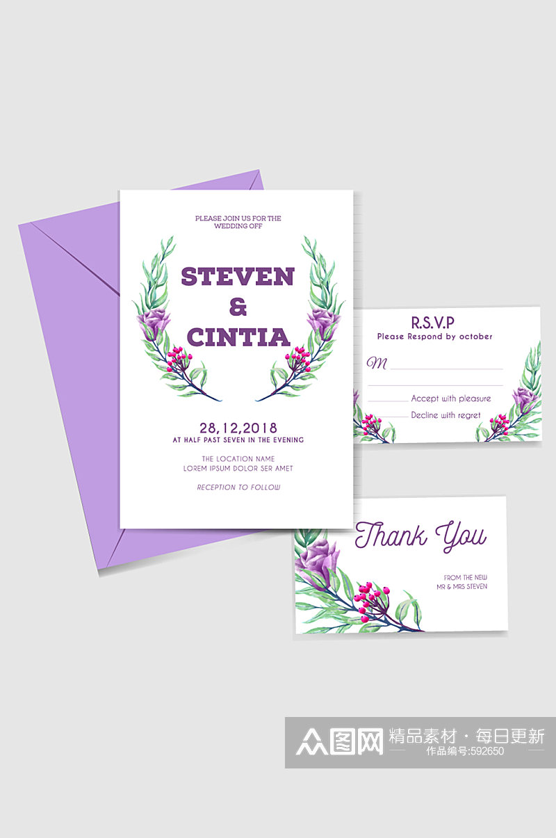 紫色花卉婚礼邀请卡和信封矢量素材素材