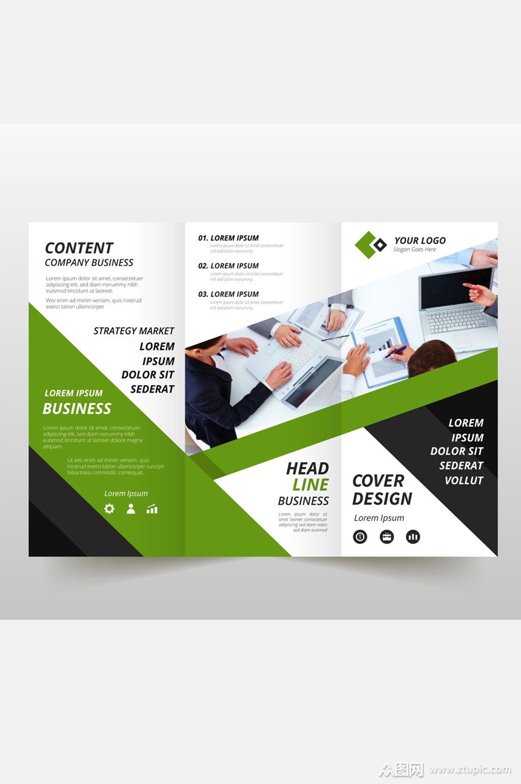 绿色三折页商务宣传单矢量图模板下载-编号592660-众图网