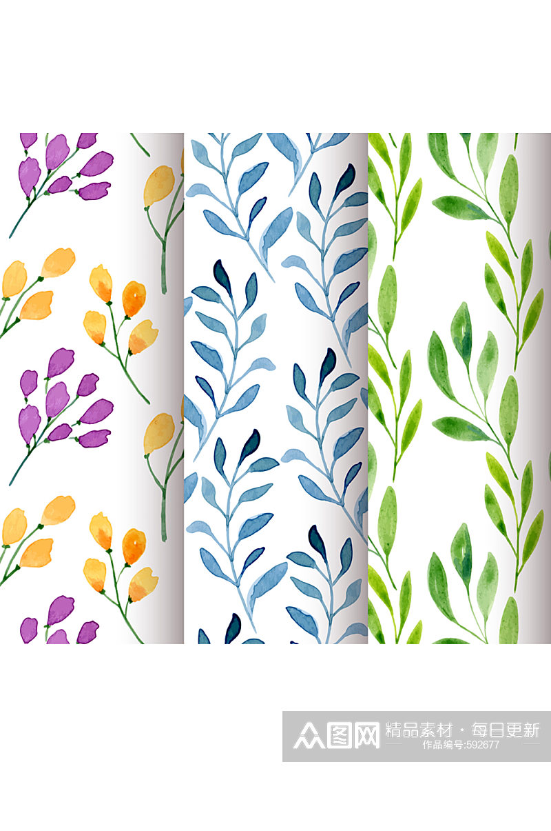 3款彩色花卉和树枝无缝背景矢量图素材
