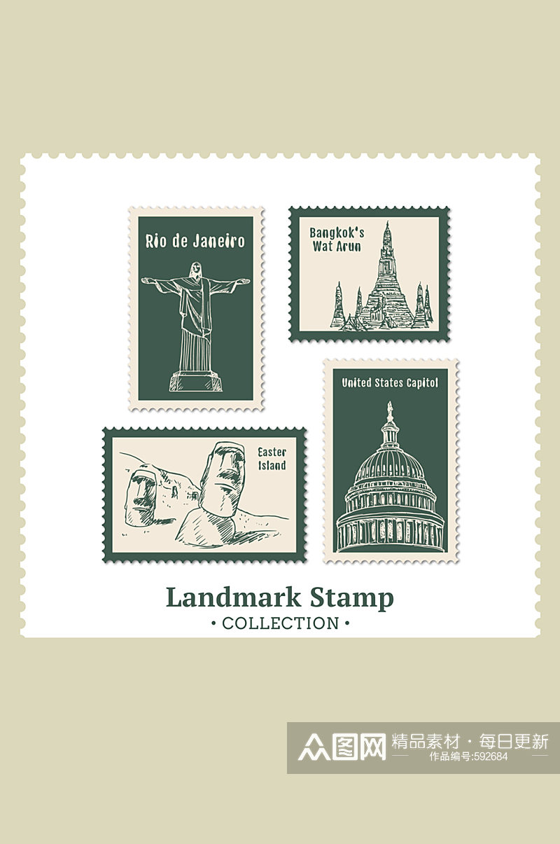 4款创意地标建筑邮票矢量图素材