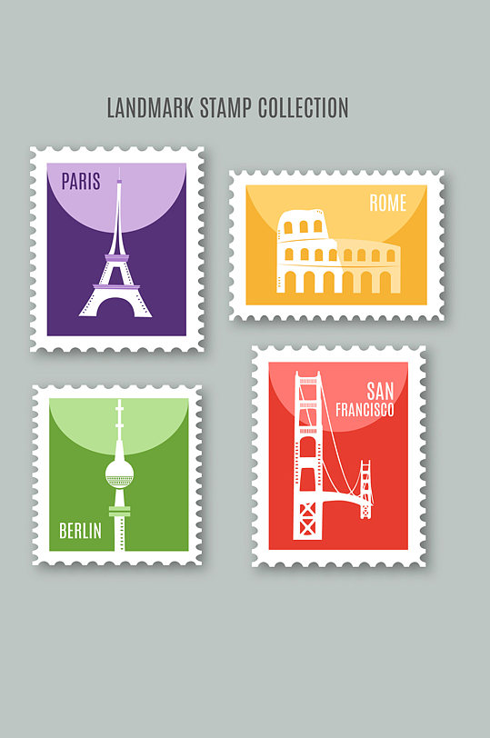 4款彩色旅游元素邮票矢量素材