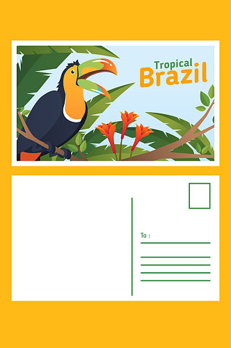 创意巴西巨嘴鸟明信片格式正反面矢量图