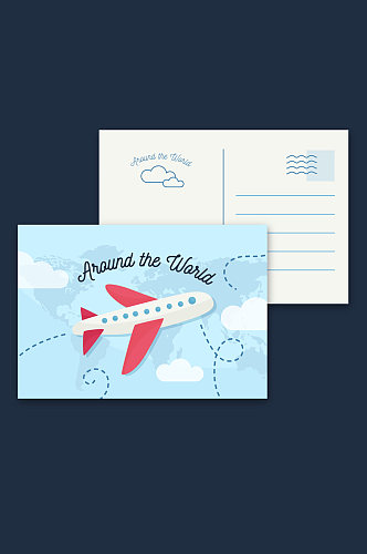 创意环球旅行飞机明信片格式矢量图