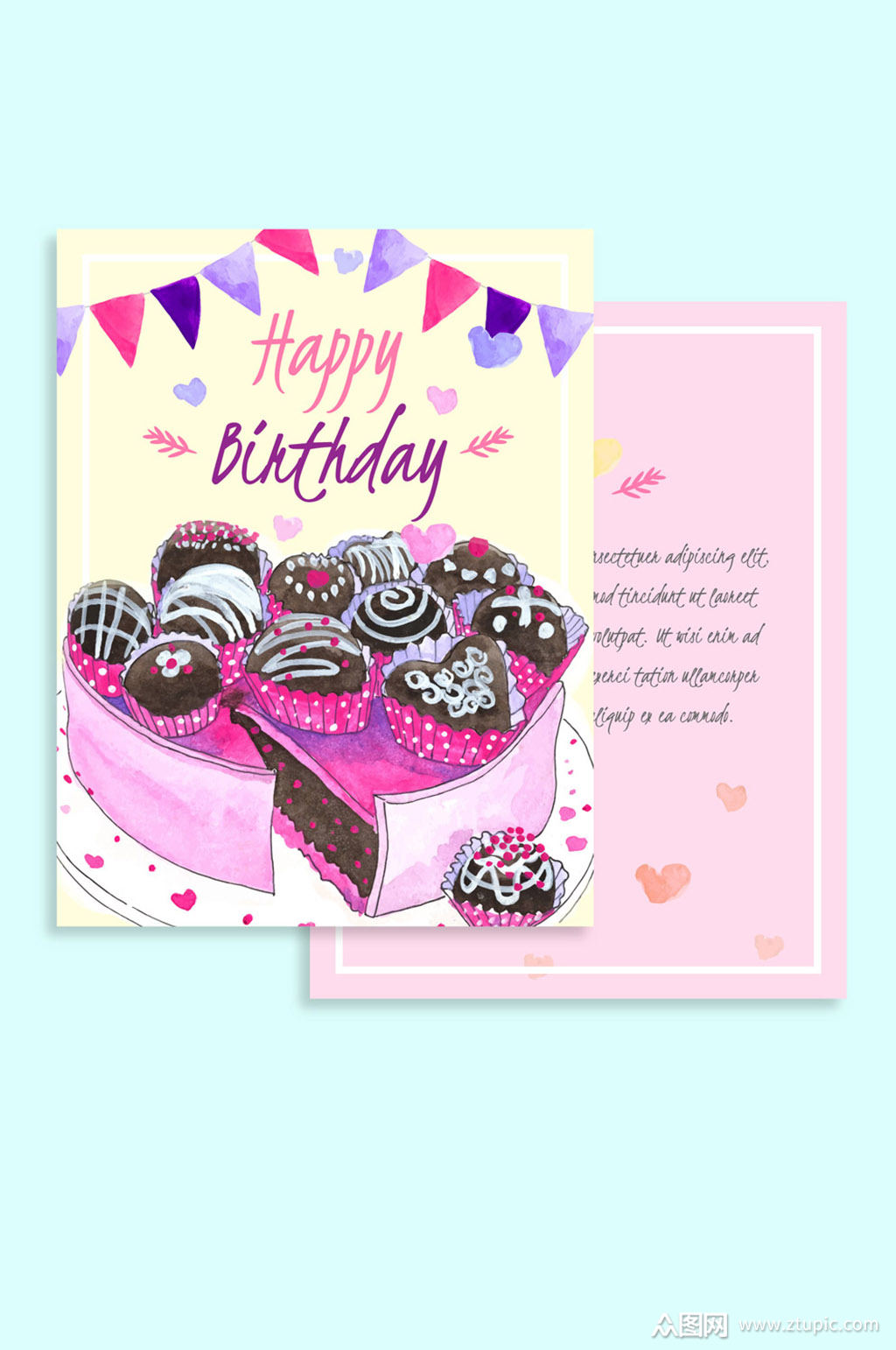 彩绘蛋糕生日贺卡正反面矢量图