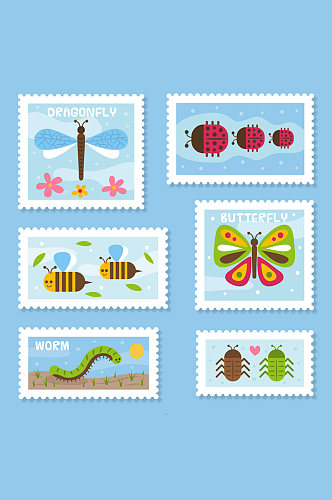 6款彩色昆虫邮票设计矢量图