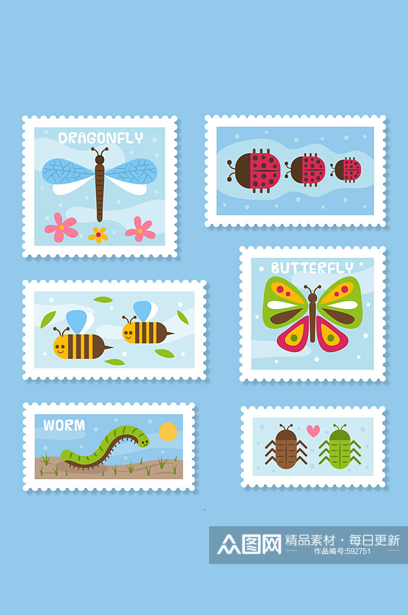 6款彩色昆虫邮票设计矢量图素材